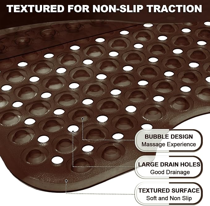 Bathtub and Shower Mats, 40x16 Inch Extra Large Non Slip Soft Bath Tub Mat with Suction Cups and Drain Holes for Bathroom Floor and Keep Tubs Clean, Machine Washable, Clear Chocolate