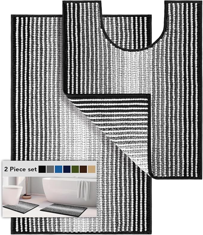 Bathroom Rugs Sets 2 Piece, Toilet Rugs U-Shaped, Contour Bath Mat Set for Toilet Bathroom, Soft Absorbent Chenille Bath Carpet, Quickly Dry, Washable (Black, 32" x 20" + 24" x 20")