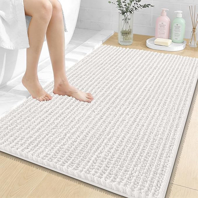 OLANLY Bathroom Rug Mat 40x32, Thick Soft and Absorbent Chenille Bath Mat, Non-Slip Rubber Backing, Machine Washable Quick Dry Bath Rugs for Tub Shower Floor, Home Decor Accessories, Ivory