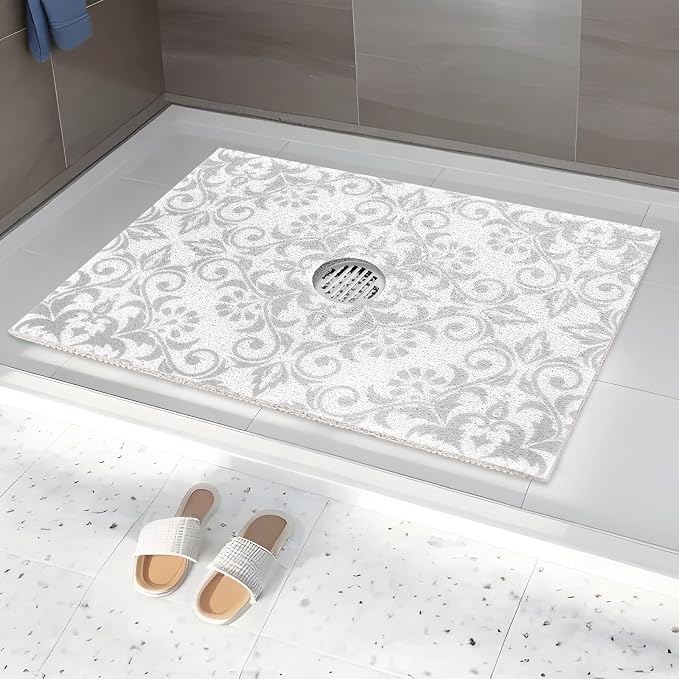 Square Shower Mat Non Slip: 32 x 24 Inch Extra Large Shower Mats with Drain Hole in Middle - PVC Loofah Anti Slip Shower Floor Matt for Inside Shower