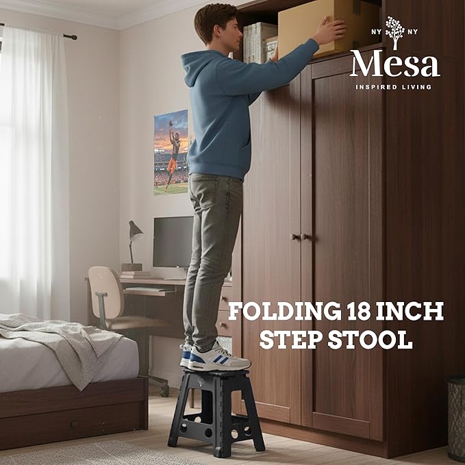 Inspired Living 18" Step Stool, Folding Step Stools for Adults, Plastic Foldable Step Stools Kids, Holds Up to 330 lbs, Collapsible Folding Stool for Kitchen, Bathroom, Bedroom - Black/Grey