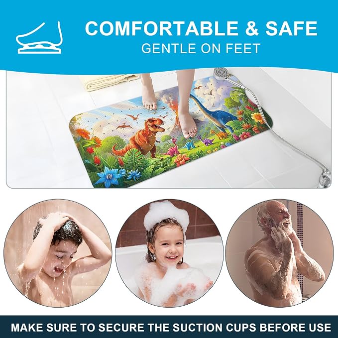 XIYUNTE Baby Bath Mat for Tub Non Slip Kids Bath Mat - 40''x16'' Extra Long Cartoon Turtle Baby Bath Tub Mat Eco-Friendly Toddler Bath Mats with Suction Cups & Drain Holes, Easy to Clean & Easy Drying