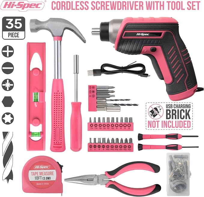 Hi-Spec 35-Piece Tool Kit with 3.6V USB Small Electric Screwdriver Set, Pink Drill Set for Women, Tool Kit for Home