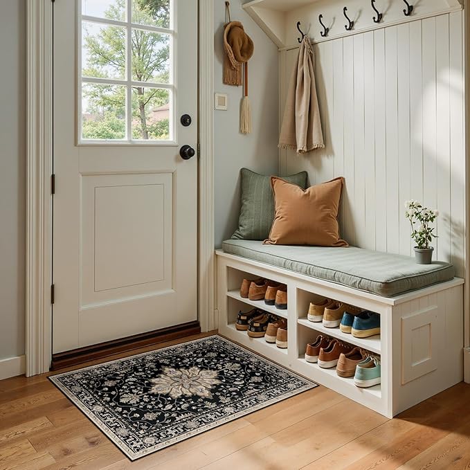 RELEANY Area Rugs Small 2'x3' Washable Non-Slip, Floral Vintage Distress Medallion Carpet for Kitchen Entryway Bathroom, Black Brown Neutral Dark Tan