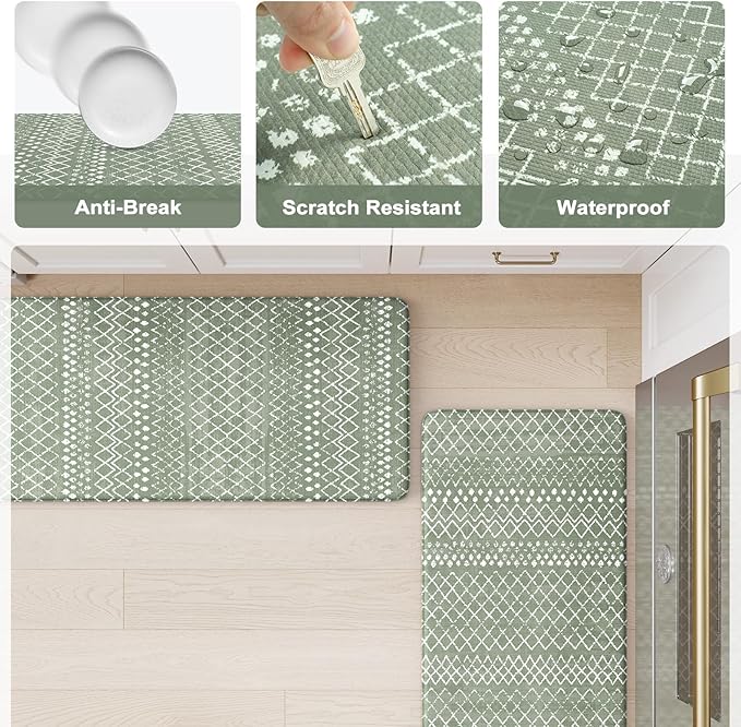 KIMODE Kitchen Mats for Floor Anti Fatigue Green Boho Kitchen Rugs Sets of 2 Cushioned Kitchen Floor Mats Comfort Standing Mat Geometric Laundry Room Rug for Bathroom Sink Office Desk 17"x47"+17"x29"