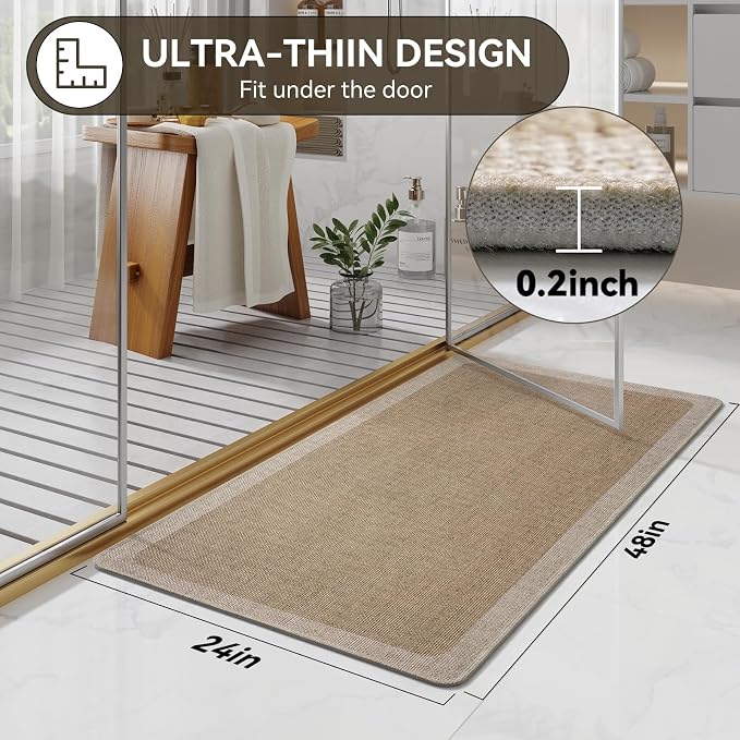 YDKGL Extra Large Bath Mat, Thin Bathroom Runner Rug Bathroom Rugs Non Slip Washable, Rubber Backing Quick Dry for Floor, Tub and Shower, Brown Beige 24x48