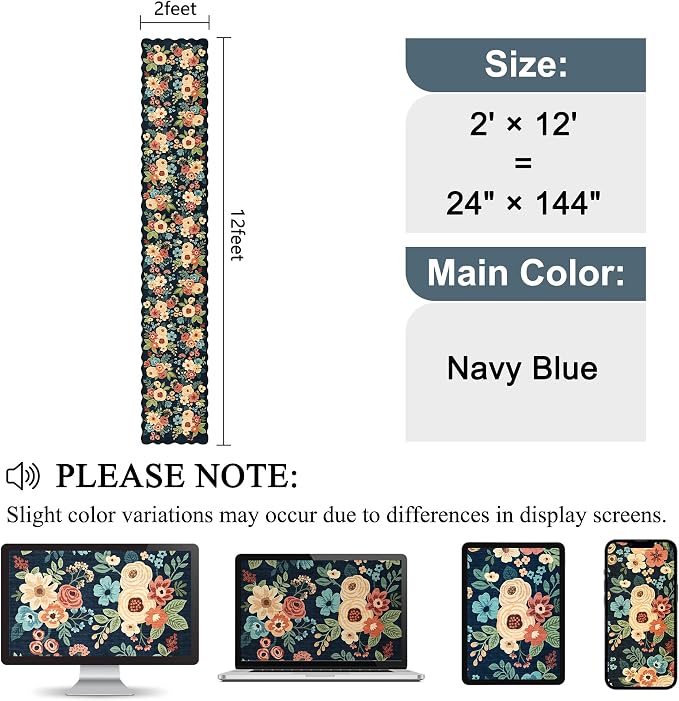 DUKINO 2x12 Runner Rug for Hallway, Soft Floral Washable Kitchen Runner Rug with Non Slip Backing, Lightweight & Low Pile Extra Loog Carpet for Entryway, Laundry Room, Entrance, Bedroom, Navy Blue