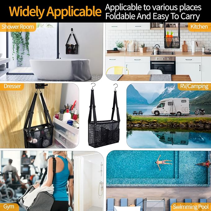 4 Storage Pockets Adjustable Hanging Mesh Bathroom Bag, Shower Caddy College with Hooks, Applied to College Dorm Rooms, Gym, Swimming and RV Travel (Black)