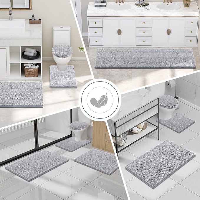 Smiry Luxury Chenille Toilet Rugs U-Shaped 24x20, Soft Absorbent Non-Slip Contour Bathroom Rugs for Toilet, Machine Washable Contoured Bath Mats, Light Grey