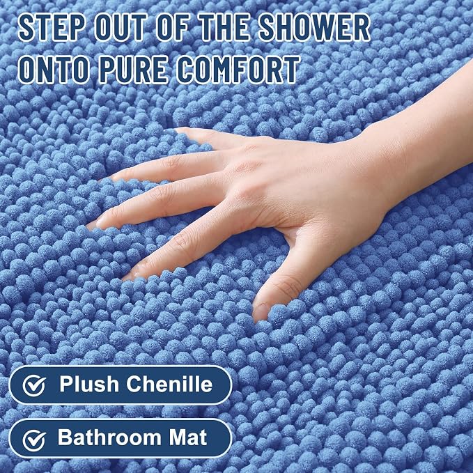 Grandaily Chenille Striped Bathroom Rugs 47x17, Extra Thick and Soft Absorbent Bath Mats, Rubber Backing, Plush Shaggy Shower Carpet, Machine Wash Dry, Bath Rug for Bathroom, Cornflower Blue