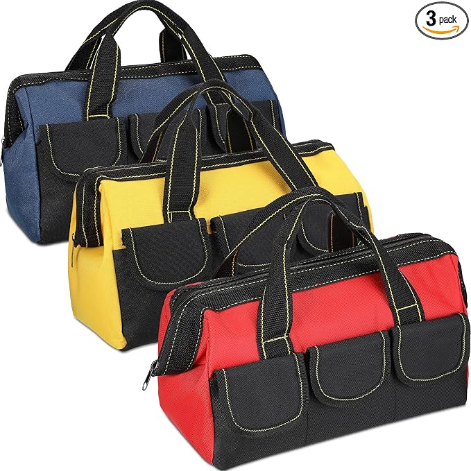 Sanwuta 3 Pack Tool Bag for Men with Waterproof Hard Bottom, Heavy Duty Tool Bag Wide Mouth Tote for Various Instrument, Electrician Carpenter Mechanic(Blue, Red, Yellow,13 Inch,Classic)
