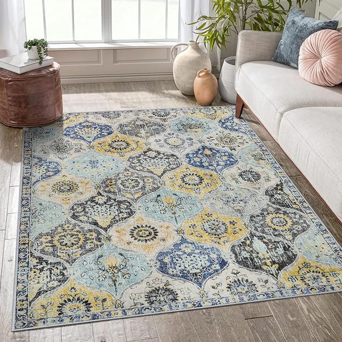 Lahome Moroccan Trellis Washable Area Rugs 5x7, 5x7 Area Rugs for Living Room Bedroom, Indoor Non-Slip Large Oriental Throw Carpet for Kitchen Entryway Bathroom Office Elise, Yellow/Aqua