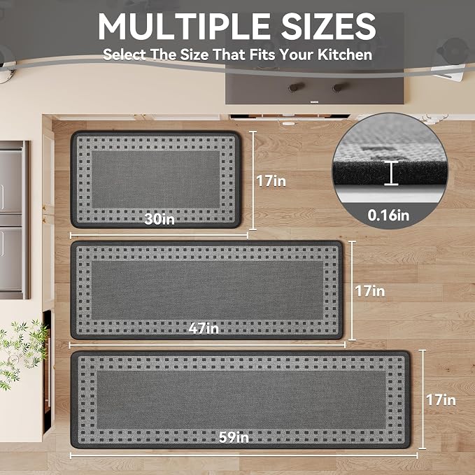 Kitchen Mats for Floor, 17''x47'' Washable Absorbent Kitchen Mat Non Slip, Braided Kitchen Runner Rug, Kitchen Sink Rug, Grey