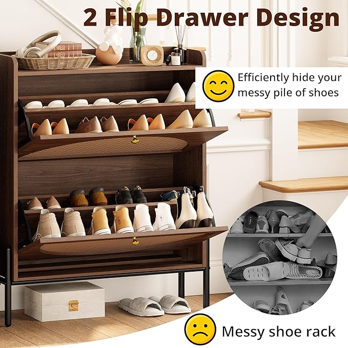 IRONCK Shoe Cabinet Storage with 2 Flip Drawers, Free Standing Wooden Shoe Storage Organizer Cabinet with Rattan Doors for Entryway, Narrow Shoe Rack Cabinet, Walnut