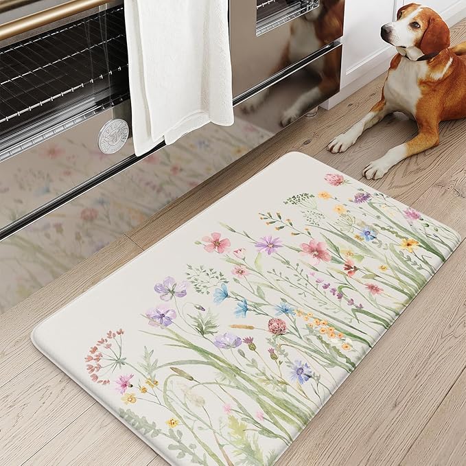 KIMODE Anti Fatigue Kitchen Mat 17.3"x29", Boho Floral Kitchen Floor Mats Non Slip, Waterproof Kitchen Mat for Floor, Padded Comfort Standing Mat for Laundry, Office, Sink, Desk White