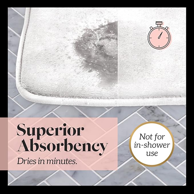 Memory Foam Bath Mat Non Slip Absorbent Super Cozy Velvet Bathroom Rug Carpet (17 inches X 24 inches, White)