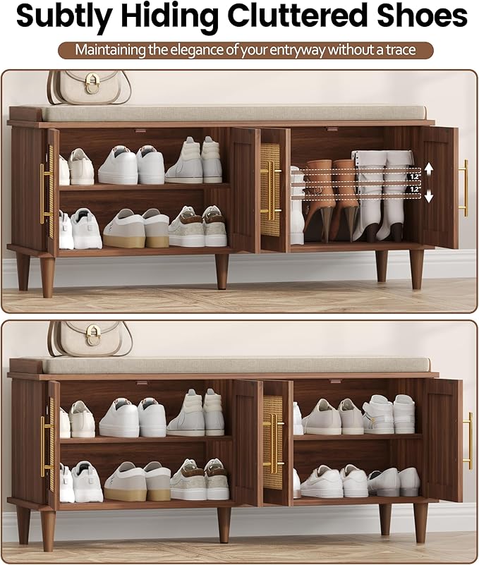 Akxomel Rattan Shoe Storage Bench with Cushion, 2-Tier Entryway Bench with Adjustable Shelves and 4 Doors, 15" D x 47.2" W x 20" H, Solid Wood Legs, for Hallway, Living Room, Bedroom, Walnut