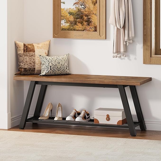 Oastreeful Storage Bench Industrial Rustic Wooden and Metal Entryway Shoe Boots Storage Rack Long Bench Seat for Hallway Bedroom Retro Brown Farmhouse Style