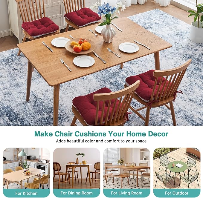 BETU Chair Cushions for Dining Chairs Set of 4, Thick Kitchen Table Chair Pads with Ties,Non Slip Backing and Covers, Seat Cushion for Dining Room,Bar,Patio Chairs,15.5"X15.5"X3.5" Red