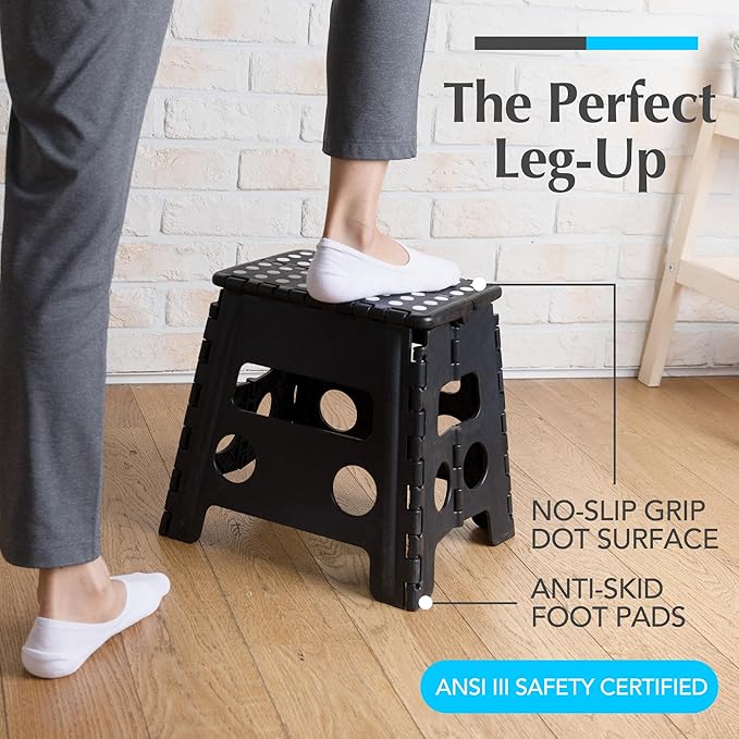 Handy Laundry Folding Lightweight Step Stool - Sturdy Enough to Support Adults - Opens Easy with One Flip - Great for Kitchen, Bathroom or Bedroom (Black- 13 inch)