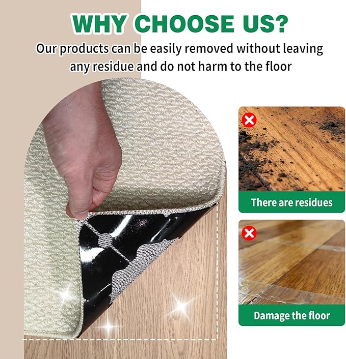 32 PCS Carpet Tape, Non Slip Rug Corner Pads for Hardwood Tile, No Residue | Reusable Removable Double Sided Adhesive,Secures Area Rug Corners,Fits Laminate LVP Floors,Rug Stickers,No Floor Damage