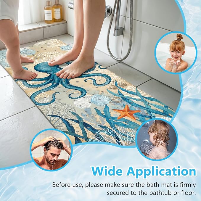 Bath Mat for Tub, Nautical Octopus Bathtub Mats, Machine Washable, Non Slip Shower Mat with Suction Cups and Drain Holes for Adults Kids, Vintage Coastal Tub Mats Gift for Nautical Lovers Bath Decor