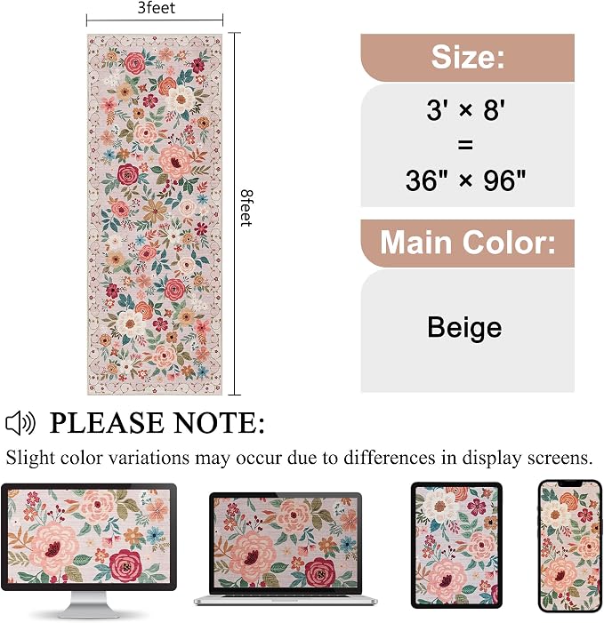DUKINO 3x8 Runner Rug, Washable Rug for Kitchen with Non Slip Backing, Soft Non Shedding & Low Pile Design Long Floor Carpet Runner for Hallway, Bathroom, Entryway, Laundry, Beige