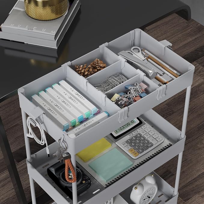 SPACELEAD 4 Tier Rolling Cart with Wheels, Storage Craft Art Trolley Organizer Serving, 3 Hanging Baskets Easy Assembly, for Office, Living Room, Kitchen