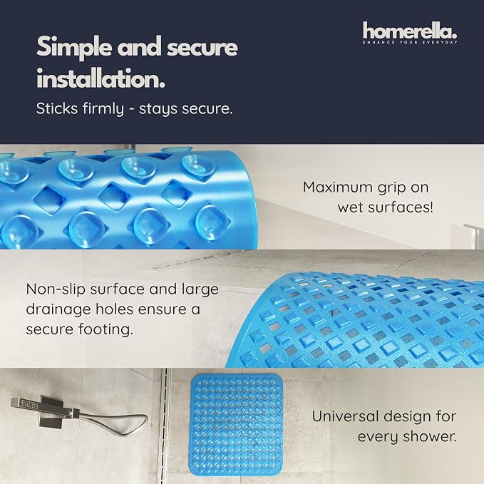 homerella® Shower Mat Non Slip Anti Mold, Non Slip Shower Mats for Inside Shower Stall Anti Slip Mat, Square Shower Floor Mat 21 x 21 in with Suction Cups & Hooks for Quick Drying, Machine Washable