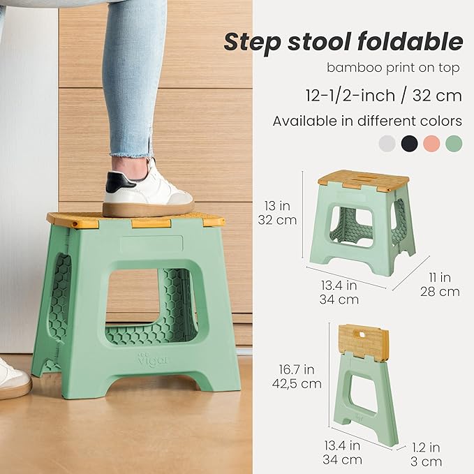 Vigar Compact Folding Step Stool - 12-1/2 Inch Foldable Step Stool for Adults, Lightweight Portable Stool with Handle, Non Slip Step Stool, Space-Saving Stool up to 330 lb- Green, Bamboo Print Top