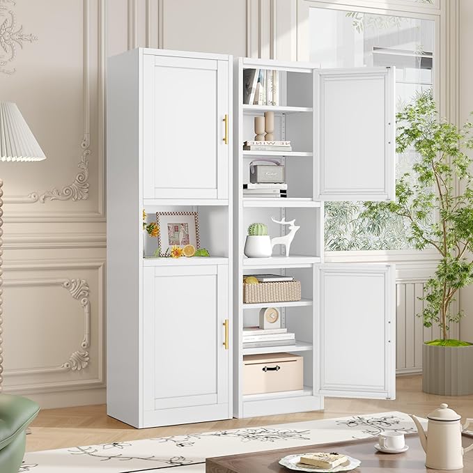 Tall Metal Narrow Bathroom Storage Cabinet 67" H, Tall White Pantry Cabinets with 4 Adjustable Shelves and 2 Doors for Kitchen, Home Office, Living Room, Dining Room(16 inches Wide)