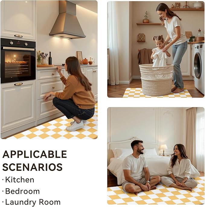 Yellow Checkered Grid Checkerboard Kitchen Rug Sets [2 PCs], Anti-Fatigue, Waterproof Non-Slip Kitchen Mats Heavy Duty Comfort Foam Rug for Kitchen, Floor, Laundry,17"x29"+17"x47"