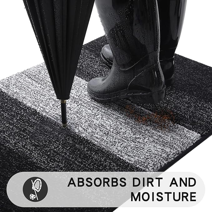 Kitinjoy Indoor Outdoor Door Mat, 59x32 Non-Slip Absorbent Dirt Trapper, Low-Profile Washable Inside Entrance Front Floor Mat, Sturdy Soft Entry Doormats for Entryway, Black