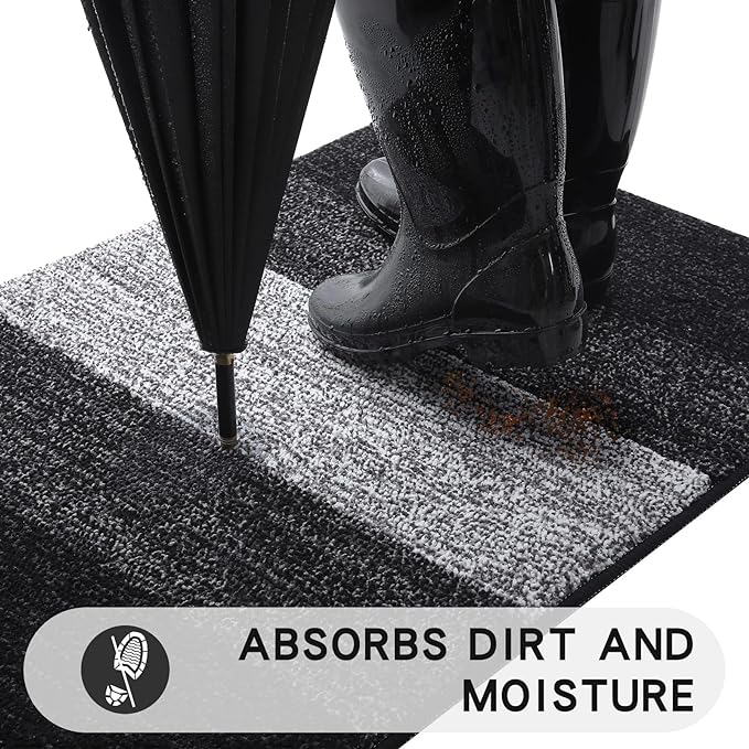 Kitinjoy Indoor Outdoor Door Mat, 45x27 Non-Slip Absorbent Dirt Trapper, Low-Profile Washable Inside Entrance Front Floor Mat, Sturdy Soft Entry Doormats for Entryway, Black