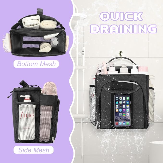 Attmu Shower Caddy Portable, Hanging Shower Bag for Dorm Room College, Large Capacity Quick Dry Mesh Tote Bag for Travel Camping Essentials (Black)