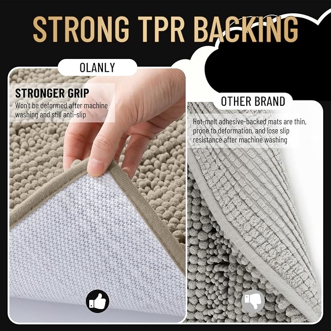 OLANLY Thick Bathroom Runner Rugs 44x24, Extra Absorbent Chenille Striped Bath Rugs, Rubber Backing, Machine Wash Dry, Long Bath Mats for Bathroom, Tub and Shower, Home Decor Accessories, Warm Taupe