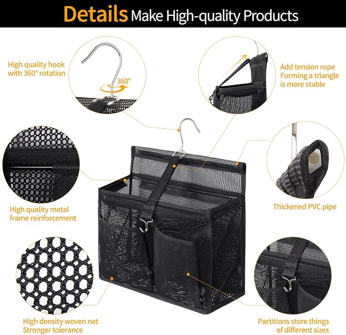 3 Pocket Portable Quick-Dry Hanging Mesh Bathroom Caddy - Swivel Hook Shower Organizer, College Dorm Gym Camping Travel RV Essentials