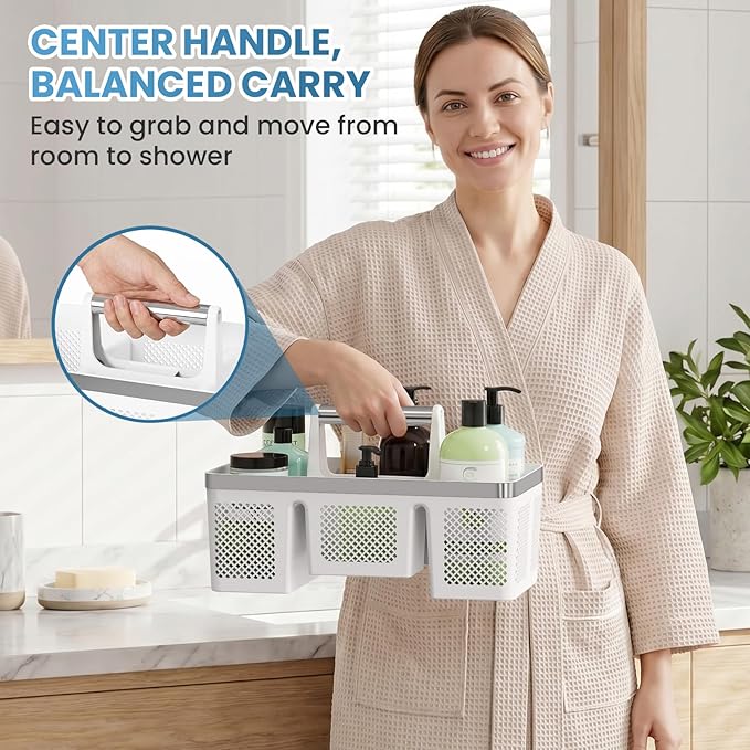 BYUNER 2Pack Plastic Shower Caddy: Portable Shower & Bathroom Caddy Tote with Handle, 4 Divided Compartments, Hard Plastic Shower Basket with All-Side Drainage for College Dorm Room Essentials