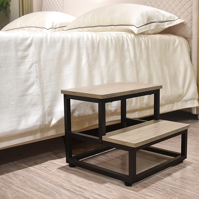 SZLHANJZ Step Stool, Wood and Metal Step for Adults Kids, Bedside Stepping Stool for High Bed with Round Corners, 2 Steps Foot Stool for Kitchen Bedroom, Load 500 LB, Beige