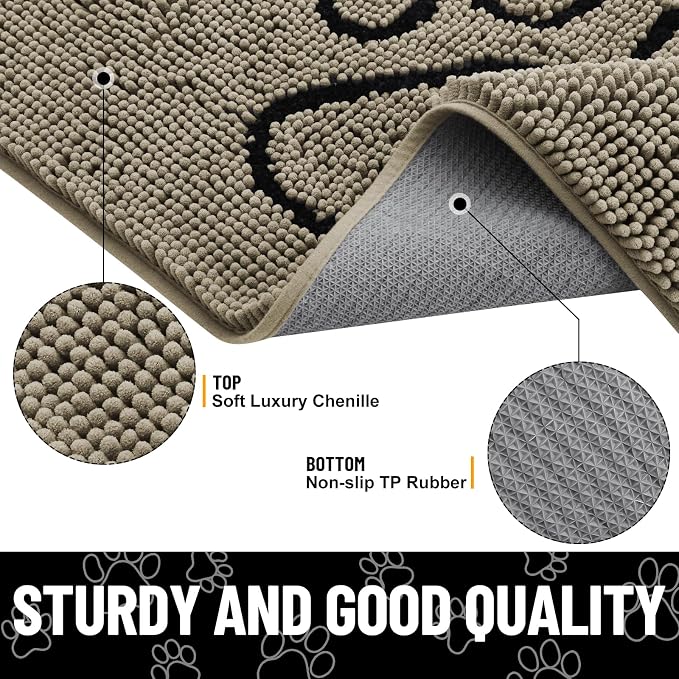 Smiry Dog Door Mat for Muddy Paws, Absorbent Dirt Trapper Non Slip Quick Dry Washable Chenille Mat for Mud Dogs, Entry Rug for Indoor and Outdoor (36x24 Inches, Warm Taupe and Black)