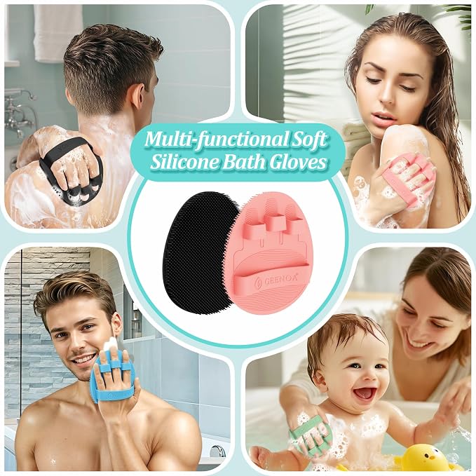 Silicone Back Scrubber & Bath Glove Set 2PCS, 13.4'' Gentle Shower Back Scrubber with Dual-Side Head Non-Slip Handle, 360° Anti-Slip Hand-fit Bath Glove for Rich Foaming Deep Cleaning(Pink)