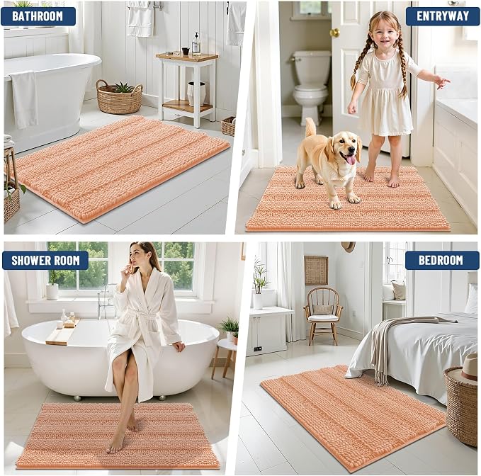 Grandaily Chenille Striped Bathroom Rugs 24x16, Extra Thick and Soft Absorbent Bath Mats, Rubber Backing, Plush Shaggy Shower Carpet, Machine Wash Dry, Bath Rug for Bathroom, Peach