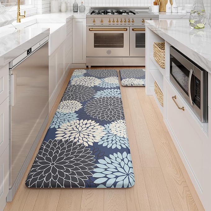 Anti Fatigue Kitchen Mats,Non Slip Farmhouse Kitchen Rugs Sets 2 Piece,Waterproof Dahlia Floral Kitchen Mat for Floor,Cushioned Standing Mat for Kitchen,Laundry,Sink,Desk,Mutil-Blue