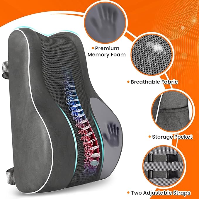 CloudBliss Ergonomic Lumbar Support Pillow Seat Cuhsion - Memory Foam for Lower Back Pain Relief, Adjustable Straps & Mesh Cover for Office, Gaming, Car Seat (XL, Grey)