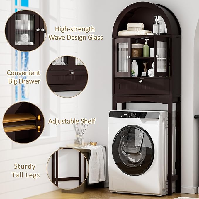 Spurgehom Over The Toilet Storage Cabinet, Bathroom Shelf Organizer Freestanding, Bathroom Arch Cabinet Over Toilet with Glass Door and Anti-Tipping Device, Coffee
