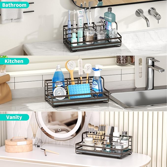 HapiRm Toothbrush Holders for Bathroom - 5 Partitions Bathroom Counter Organizer with Instant Drying Stone, Stainless Steel Countertop Storage Electric Toothbrush Toothpaste Holder - Bronze