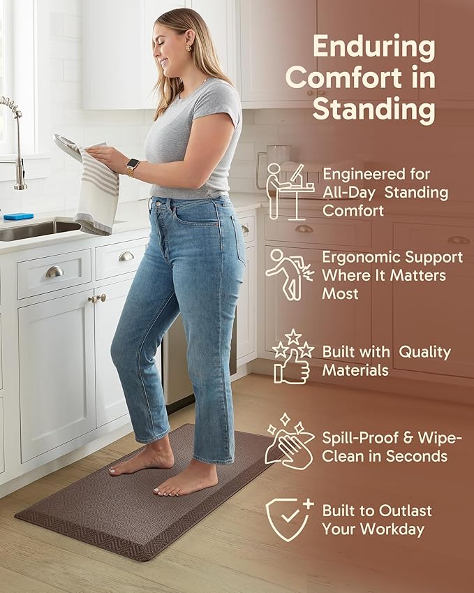 Ophanie Kitchen mats for Floor, 3/4 inch Thick, Kitchen Rugs, 20x39 Anti Fatigue Standing Cushioned Mat, Waterproof,Comfort Ergonomic mat for Office, Home, Sink, Brown Non-Slip Bottom