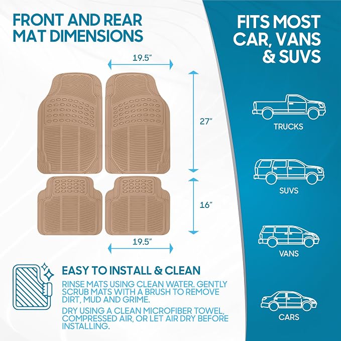 BDK ProLiner Floor Mats for Cars Trucks SUV, 4-Piece All-Weather Car Mats with Universal Fit Design, Durable Car Floor Mat with Capture Ridges, Waterproof Rubber Floor Mat for Cars (Beige)