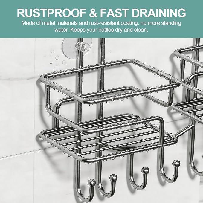 SRIWATANA Shower Caddy Organizer Hanging Over Head, Bathroom Shower Rack Hanger with Hooks for Razors - Chrome