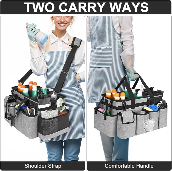 Cleaning Caddy Bag,Extra Large Cleaning Supplies Organizer with Handle for Housekeepers,Gray
